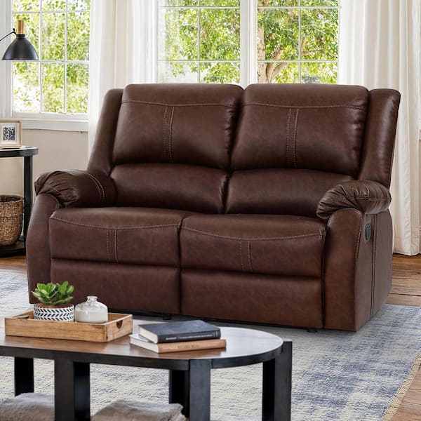 Jake 59 in. W Brown Leather Rectangle Upholstered 2-Seater Rectangle  Sofa Push Back Recliner Loveseat with Rolled Arm