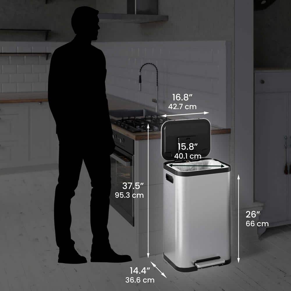 Fingerprint Resistant Brushed Silver Stainless Steel 13 Gallon Trash Can