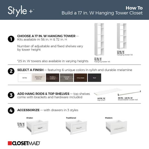 ClosetMaid Style+ White Hanging Wood Closet Corner System with (2) 16.97  in. W Towers, 2 Corner Shelves and 2 Corner Rods 10000-02176 - The Home  Depot