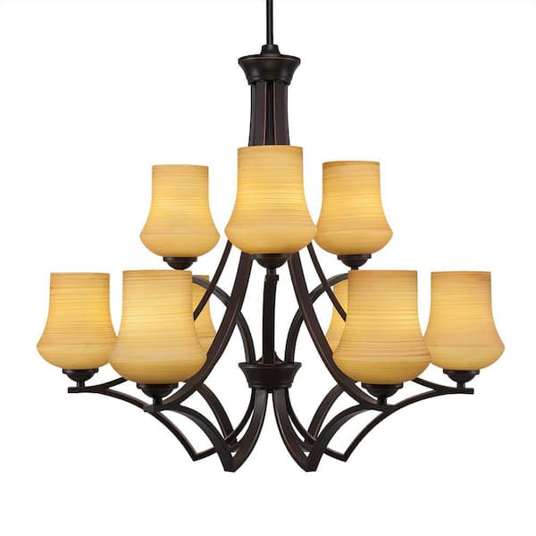 Unbranded Clevelend 9-Light Dark Granite Chandelier, Round Chandelier with 5.5 in. Cayenne Linen Glass Shades, No bulbs included