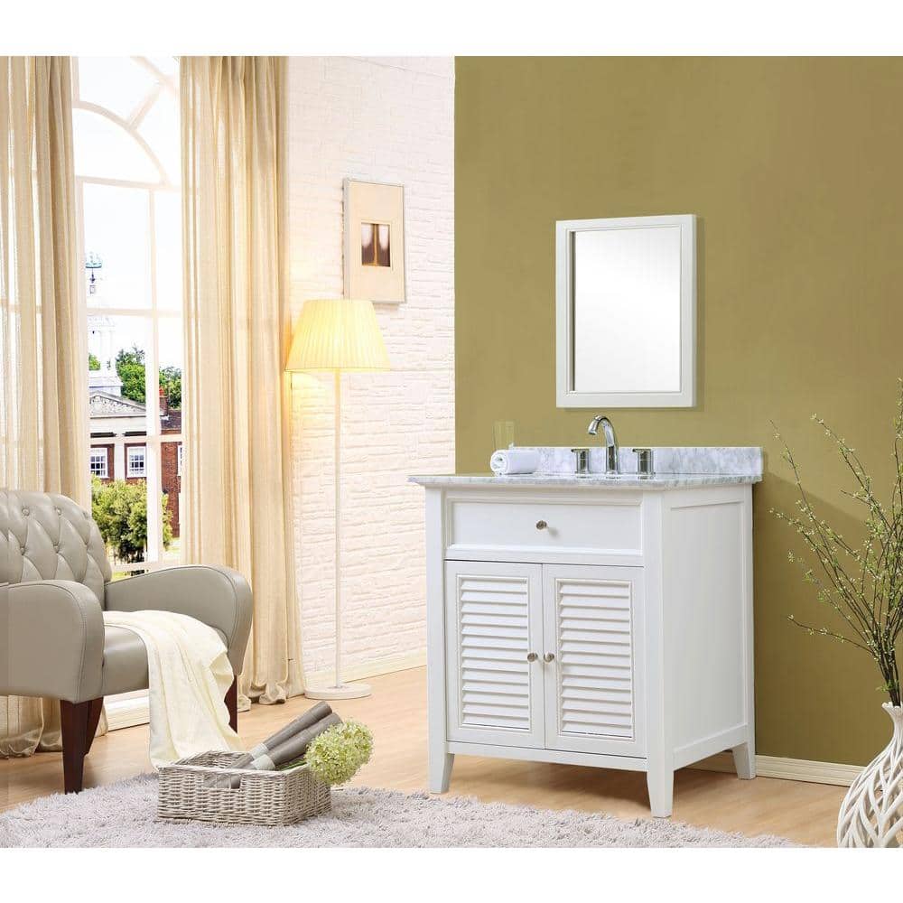 White Vanity with Carrara Marble Top and Shuttered Cupboard