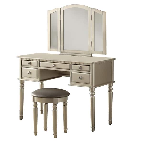 Benjara Commodious 2-Piece Silver Vanity Set Featuring Stool and Mirror