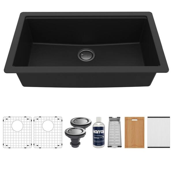 QUWS- 875 Quartz/Granite 32.5 in. Single Bowl Undermount Workstation Kitchen Sink in Black