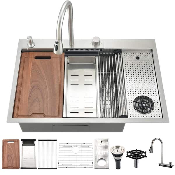 33 in. Drop-In Single Bowl 16-Gauge Stainless Steel Workstation Sink with Splash Guard and Cutting Board