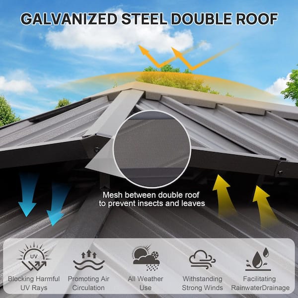10 ft. x 12 ft. Double Galvanized Steel Roof Aluminum Frame Outdoor Patio Hardtop Gazebo with Netting and Curtains
