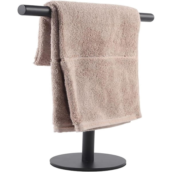 PRIMEPLUS 1 Free Standing T-Shaped Round Bottom Stainless Steel Towel Rack in Black