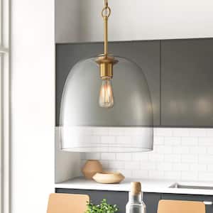 Davyn 60-Watt 1-Light Brushed Gold Dome Glass Pendant Light with Curved Clear Bell-Shape Glass Shade