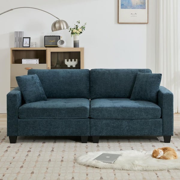 Modern 81.89 in. Width Chenille Dark Blue-Green Tufted Loveseat Sofa Wide Armrest Couches with 2-Pillows