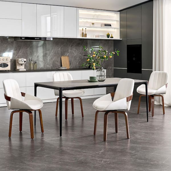White Faux Leather Upholstered Tufted Wood Swivel Dining Side Chairs (Set of 4)