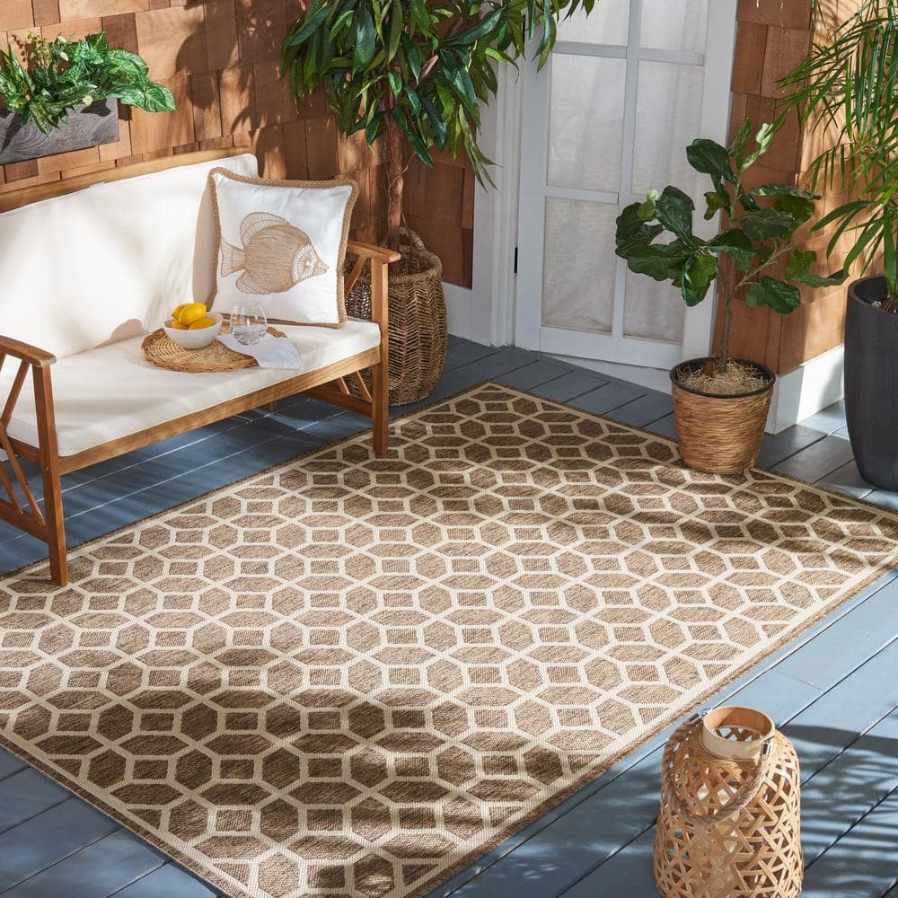 Brown and Beige Geometric Synthetic Indoor Outdoor Rug 48" x 26"