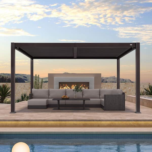 10.2 ft. x 14.2 ft. Bronze Aluminum Outdoor Louvered Pergola with 2-Individual Adjustable Roofs and In-Built Gutter