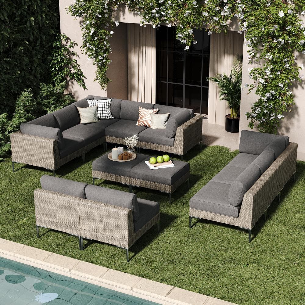 12-Piece Wicker Rattan Patio Sofa Sectional Conversation Set with Drak Gray 6-inch Cushions price history on PriceWatchPro