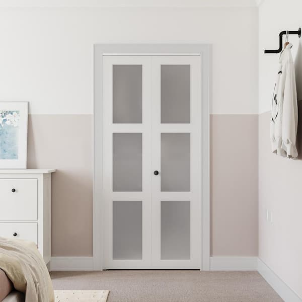 32 in. x 78 in. 3-Lite Frosted Glass Solid Core White Finished MDF Closet Bi-Fold Door with Hardware Kit
