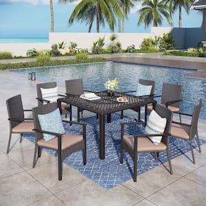 Black 9-Piece Metal Patio Outdoor Dining Set with Cast Aluminum Slat Square Table and Rattan Chairs with Beige Cushion