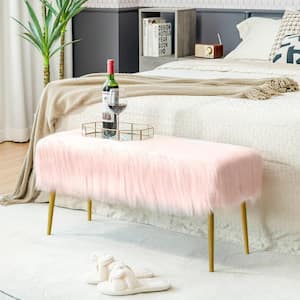 Pink 18 in. Fauxfur Ottoman Bench Modern Vanity Bench Bar Stool with Golden Legs