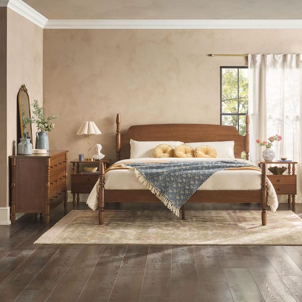 Modern Easy Assembly 4-Piece Solid Wood Dark Brown 2-Drawer Nightstands and 6-Drawer Dresser with King Bed Bedroom Set