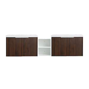 71.1 in. W x 18 in. D x 19.3 in. H Double Sink Floating Bath Vanity in Walnut with White Resin Top and 2 Tier Cabinet