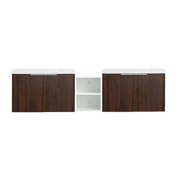 EPOWP 71.1 in. W x 18 in. D x 19.3 in. H Double Sink Floating Bath Vanity in Walnut with White Resin Top and 2 Tier Cabinet