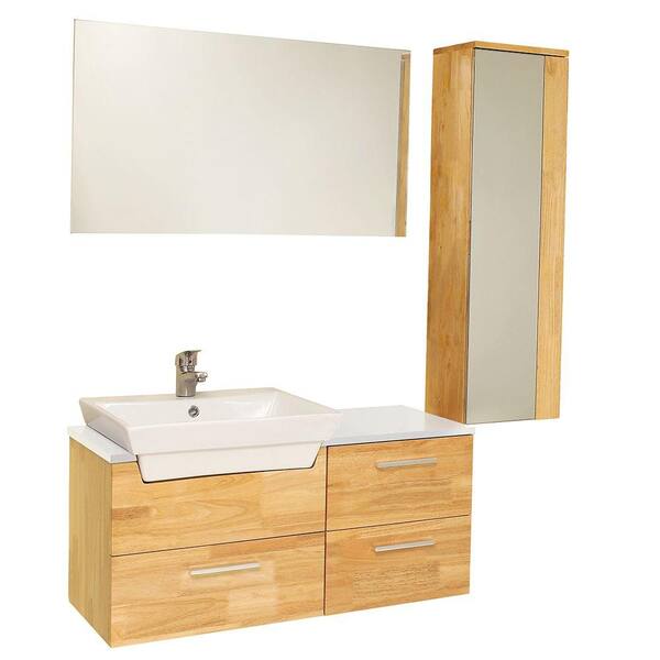 Fresca Caro 36 in. Vanity in Natural Wood with Cultured Marble Vanity Top in White, Basin and Mirrored Side Cabinet