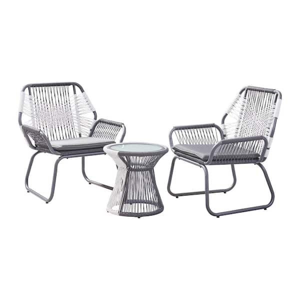 Zeus & Ruta Gray 3-piece Wicker Woven Rope Patio Conversation Set with Gray Removable Cushions and Coffee Table for Patio, Garden