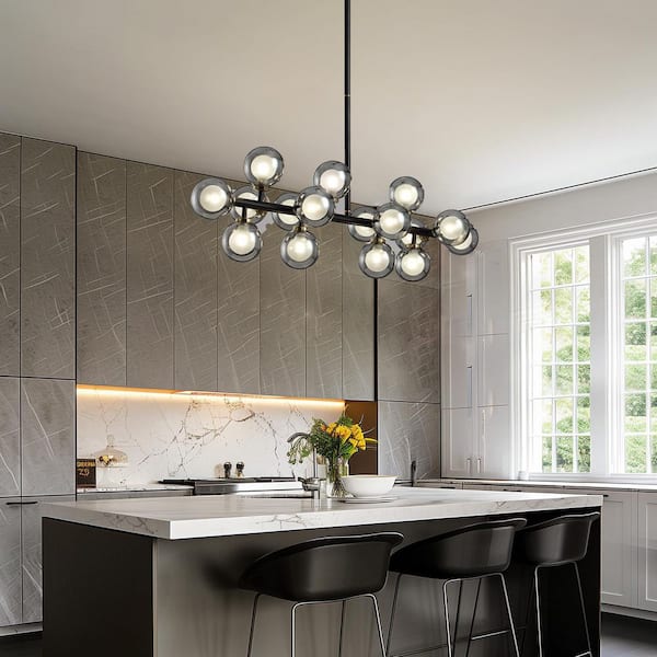16-Light Gray Glass Globes Linear Chandelier for Living Room