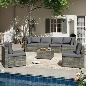 7-Piece Gray Wicker Outdoor Sectional Set with Gray Cushions