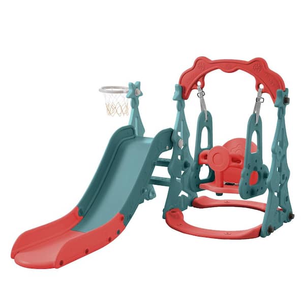Bon Furni Red HDPE Indoor and Outdoor Playset Small Kid with Swing, Basketball Hoop Slide