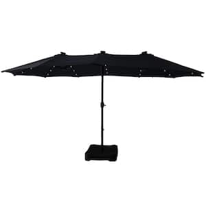 15 ft. Extra-Large Outdoor Market Double-Sided Patio Umbrella with Base and Solar LED in Navy