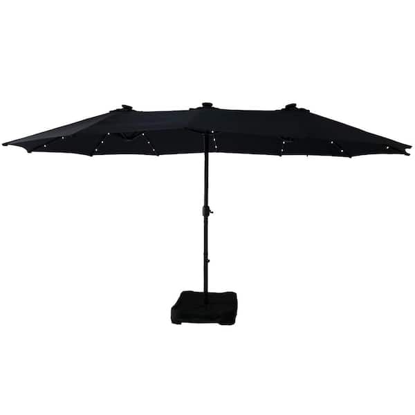 Boyel Living 15 ft. Extra-Large Outdoor Market Double-Sided Patio Umbrella with Base and Solar LED in Navy