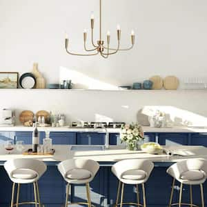 6-Light Plating Brass Candlestick Oblong Chandelier with Varying Lengths of Arms for Living Room with no Bulbs Included