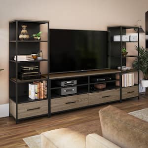 Pulse TV Stand for TVs up to 60 in., Sterling Oak Wood Veneer with Black Metal and Black Glass