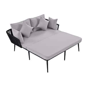 Black Metal Outdoor 2-Person Day Bed with Gray Cushions and Pillows, Woven Nylon Rope Backrest for Poolside