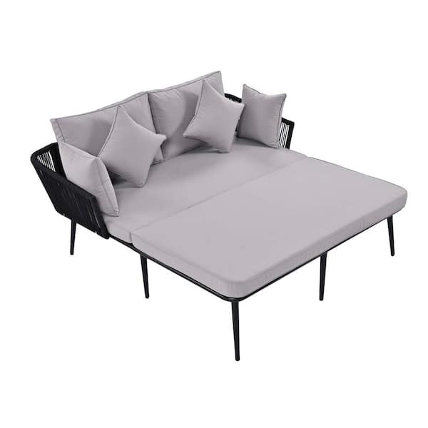 Zeus & Ruta Black Metal Outdoor 2-Person Day Bed with Gray Cushions and Pillows, Woven Nylon Rope Backrest for Poolside
