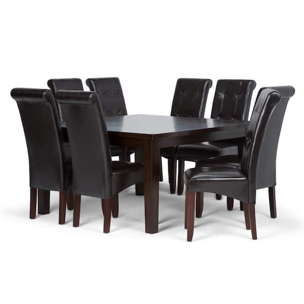 Simpli Home Cosmopolitan 9-Pieces Dining Set with 8-Upholstered Dining Chairs in Tanners Brown Faux Leather and 54 in. Wide Table