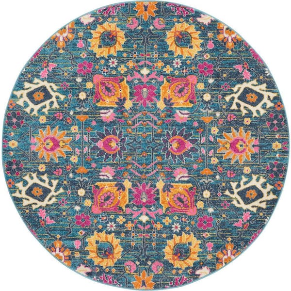 Nourison Passion Denim 4 ft. x 4 ft. Floral Transitional Round Rug