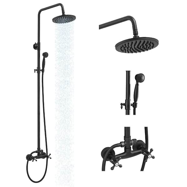 2-Spray Outdoor Wall Bar Shower Kit 8 in. Round Rain Shower Head with Hand Shower and 2 Cross Knobs in Matte Black