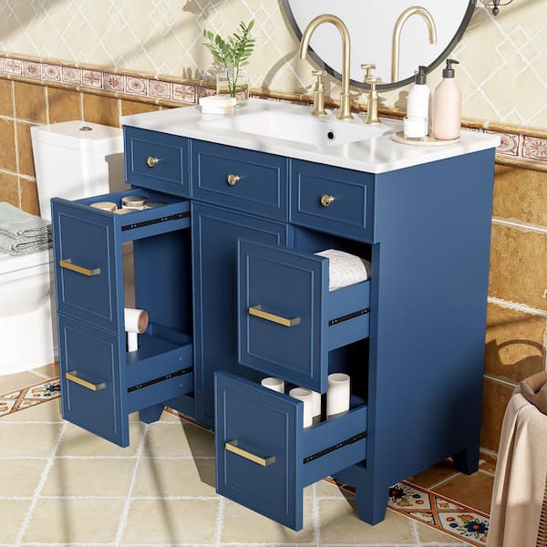 BALCONY アイボリー 36 Magic Home 36 in. Blue Bathroom Vanity with White Ceramic