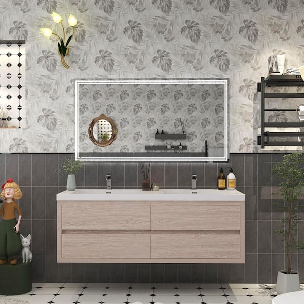 BV Better Vanity Louis 59 in. W x 20 in. D x 22 in. H Double Sink Floating Bath Vanity in Pink Wood with White Acrylic Top