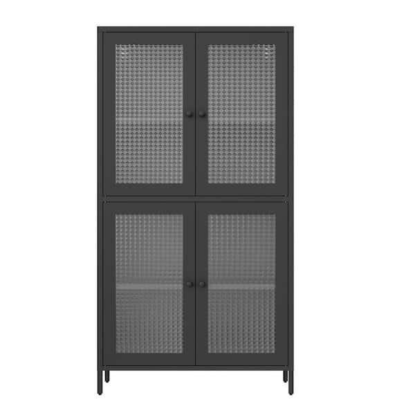 23.7 in. W x 13.86 in. D x 65.55 in. H Black Linen Cabinet with Arched Glass Door, Adjustable Shelves and Feet Anti-Tip
