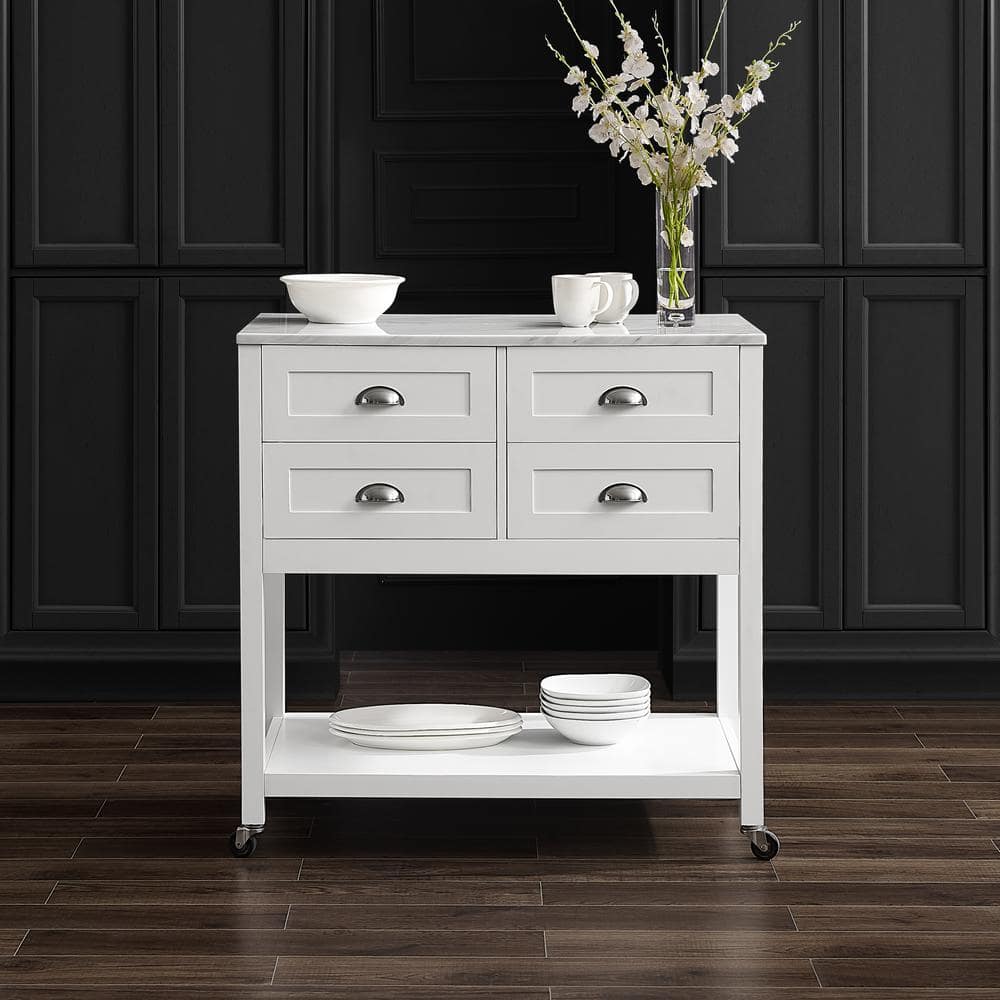 White Faux Marble Top Kitchen Island Cart with Storage