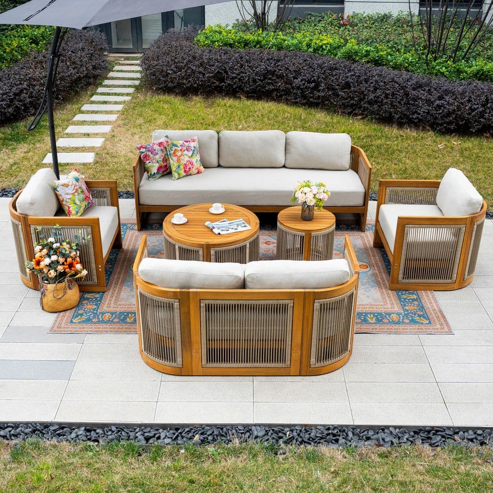 6-Piece Solid Wood Outdoor Patio Conversation Set with Beige Olefin Cushions, Round Storage Coffee Table and Side Table