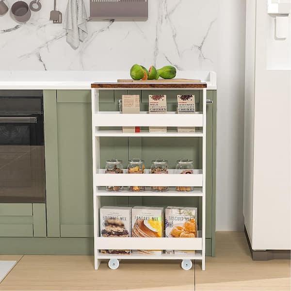 3-Tier White Slim Slide Out Pantry Storage Tower with Wheels