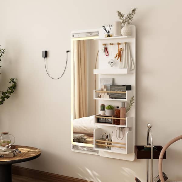 FUFU&GAGA White Wood 30.5 in. Width Jewelry Armoire with Dimming LED Lighted Sliding Mirror, Shelves, Hooks, Wall Mounted