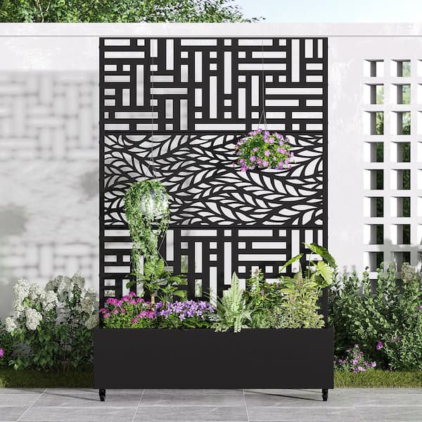 Lumioca 71.37 In. H x 46.8 In. W Iron Black Outdoor Planting Box with Climbing Frame Decorative Art Panel