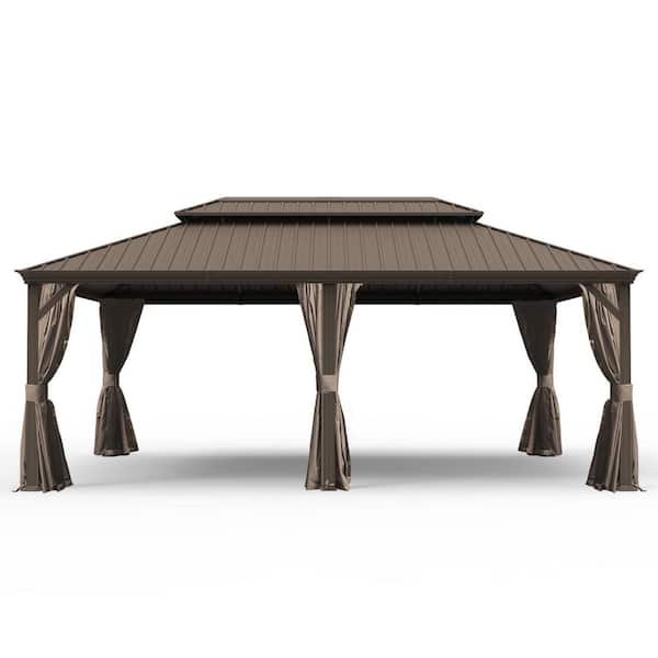 14 ft. x 20 ft. Brown Outdoor Hardtop Gazebo with Dual-Layer Galvanized Steel Roof, Aluminum Frame, Curtains & Netting