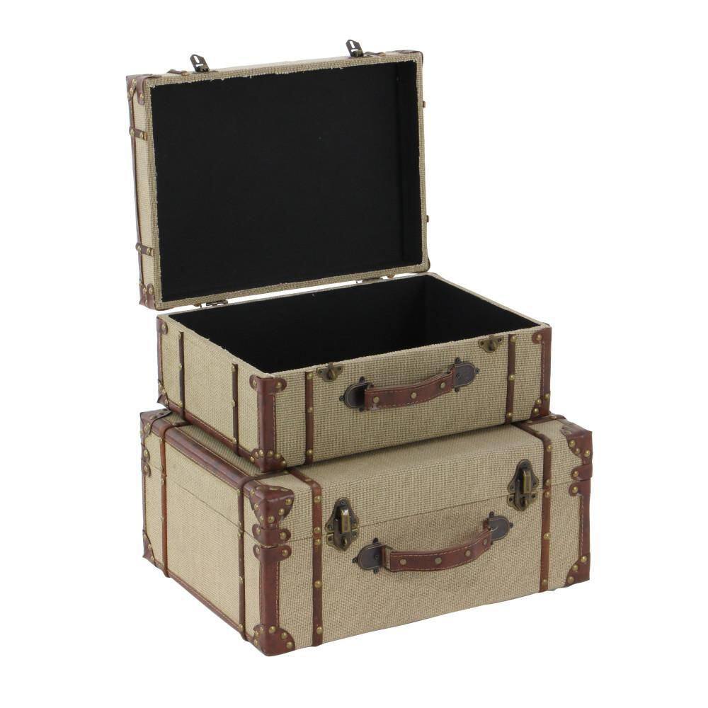 Beige Burlap and Leather Vintage Trunk Set, 2 Pieces