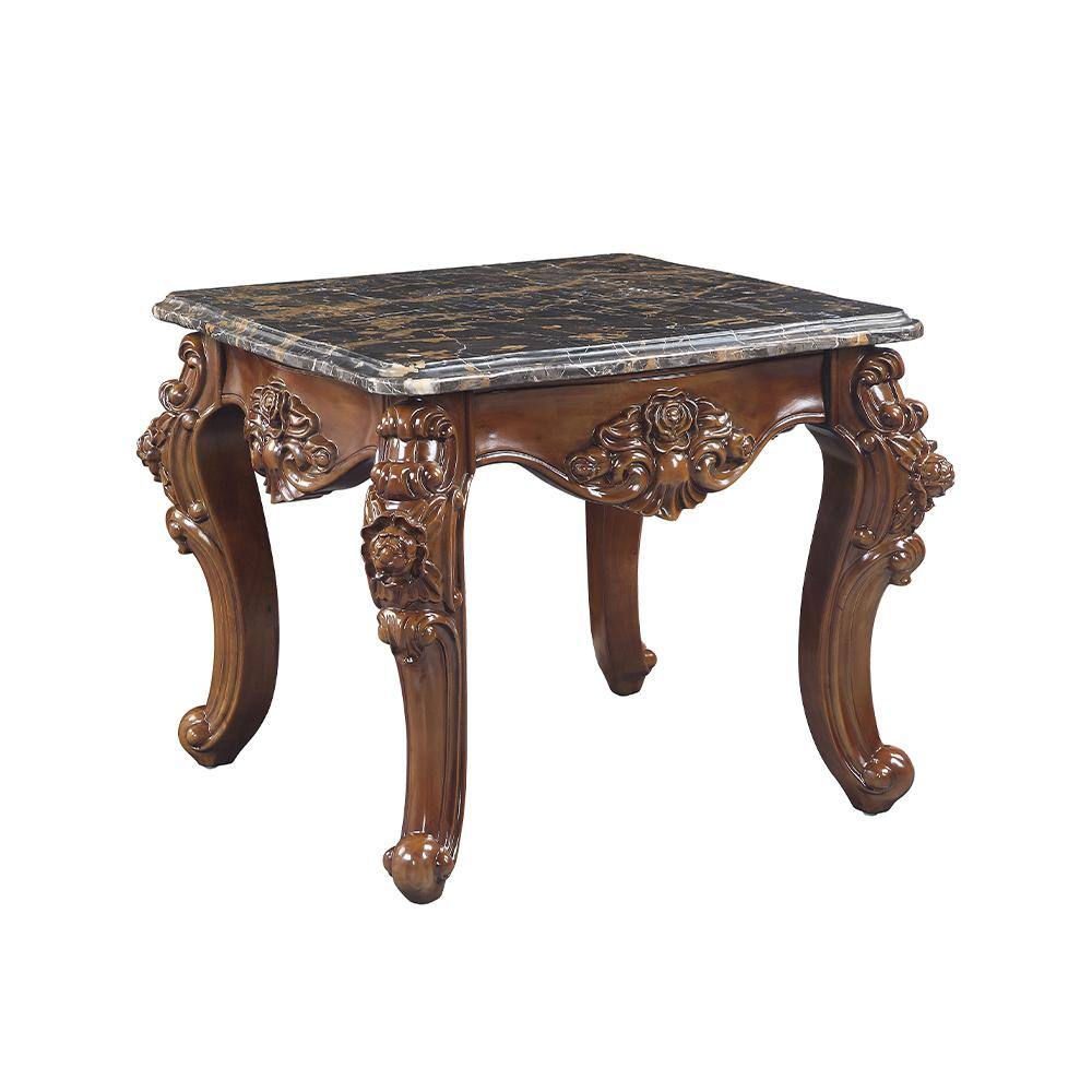 Walnut Brown Scalloped Marble Top End Table with Carved Floral Motifs