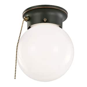 1-Light Oil Rubbed Bronze Ceiling Light with Opal Glass and Pull Chain
