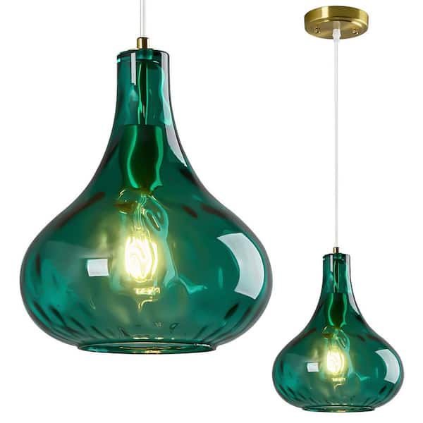 Mid-Century Modern Pendant Light 2-Pack – Brushed Gold Frame With Green Flower Glass, Adjustable Height, Bulbs Included