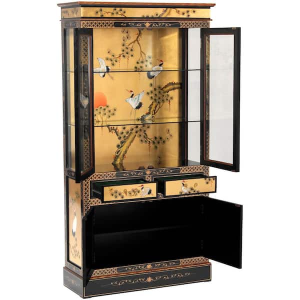 RED LANTERN Gold Lacquer Cranes 37.5 in. Display Cabinet with RED LANTERN Gold Lacquer Cranes 37.5 in. Display Cabinet with